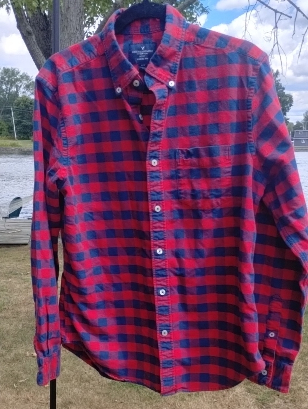 American Eagle Outfitters Red and Navy Blue Plaid Button-Down Shirt